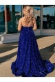 A-Line One Shoulder Sleeveless Long Sweep Train Velvet Sequin Prom Dress with Pockets Brisbane