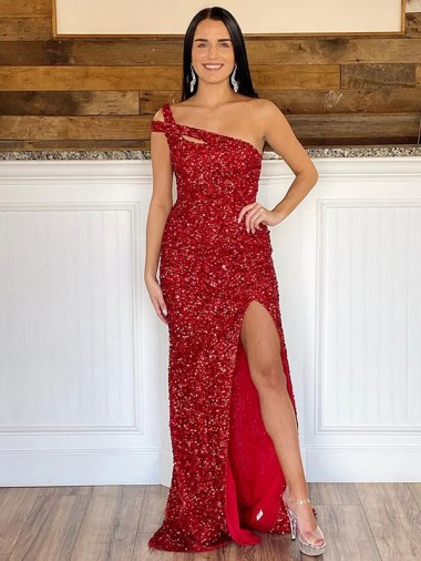 One Shoulder Sleeveless Long Sweep Train Velvet Sequin Prom Dress Brisbane