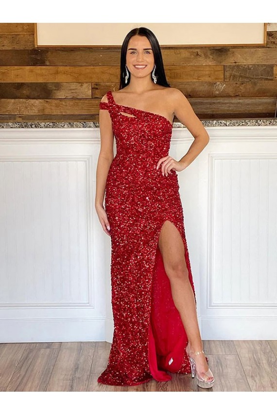 One Shoulder Sleeveless Long Sweep Train Velvet Sequin Prom Dress Brisbane