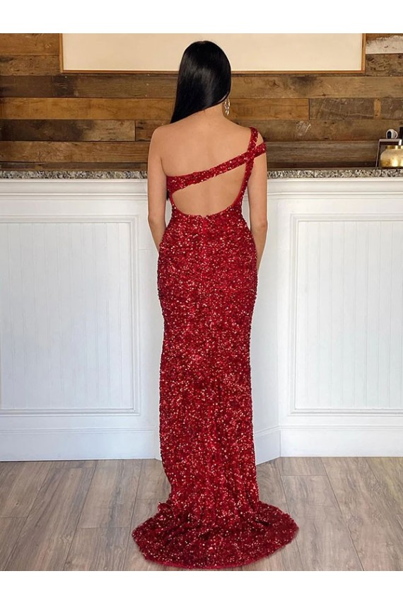 One Shoulder Sleeveless Long Sweep Train Velvet Sequin Prom Dress Brisbane