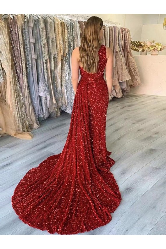 One Shoulder Sleeveless Long Court Train Velvet Sequin Prom Dress with Slit Brisbane