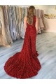 One Shoulder Sleeveless Long Court Train Velvet Sequin Prom Dress with Slit Brisbane