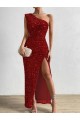 One Shoulder Sleeveless Long Floor Length Velvet Sequin Prom Dress with Slit Brisbane