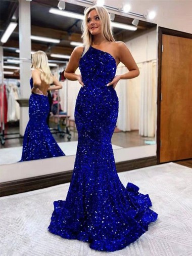 Mermaid One Shoulder Open Back Long Sweep Train Velvet Sequin Prom Dress Brisbane