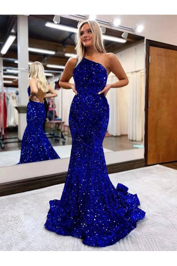 Mermaid One Shoulder Open Back Long Sweep Train Velvet Sequin Prom Dress Brisbane