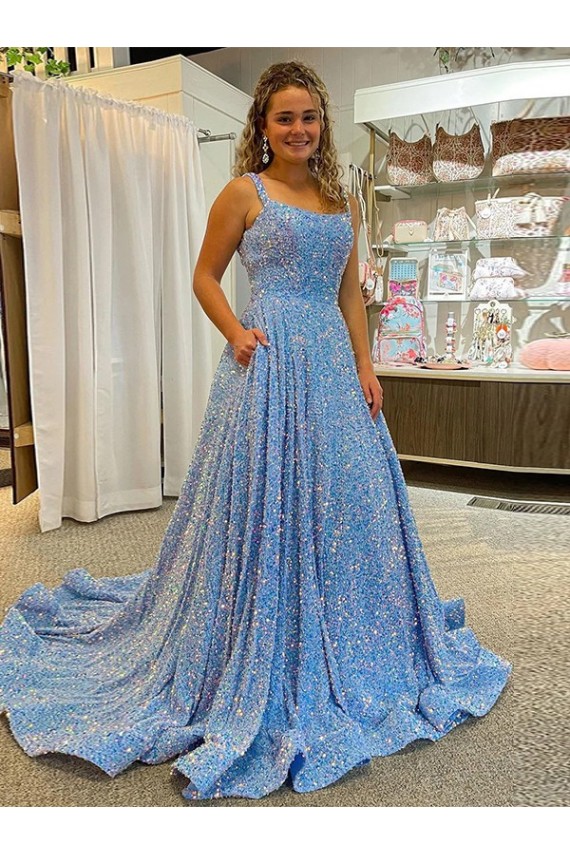A-Line Scoop Sleeveless Long Court Train Velvet Sequin Prom Dress Brisbane