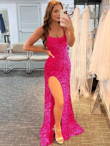 Spaghetti Straps Sleeveless Long Velvet Sequin Prom Dress with Slit and Criss Cross Open Back Brisbane