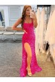 Spaghetti Straps Sleeveless Long Velvet Sequin Prom Dress with Slit and Criss Cross Open Back Brisbane