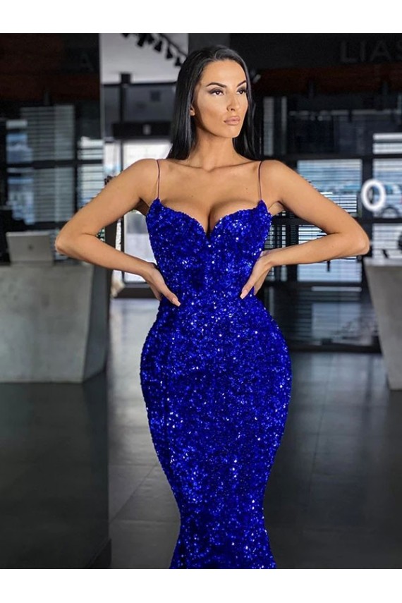 Mermaid Spaghetti Straps Sleeveless Long Sweep Train Velvet Sequin Prom Dress Brisbane