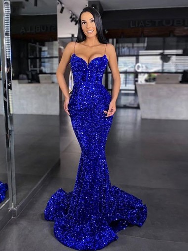 Mermaid Spaghetti Straps Sleeveless Long Sweep Train Velvet Sequin Prom Dress Brisbane