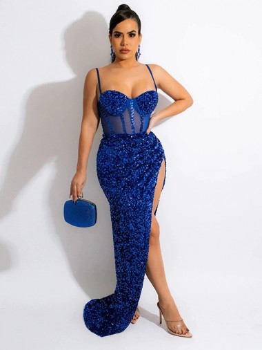 Long Sweep Train Spaghetti Straps Sleeveless Velvet Sequin Prom Dress with Slit Brisbane