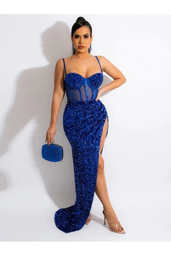 Long Sweep Train Spaghetti Straps Sleeveless Velvet Sequin Prom Dress with Slit Brisbane