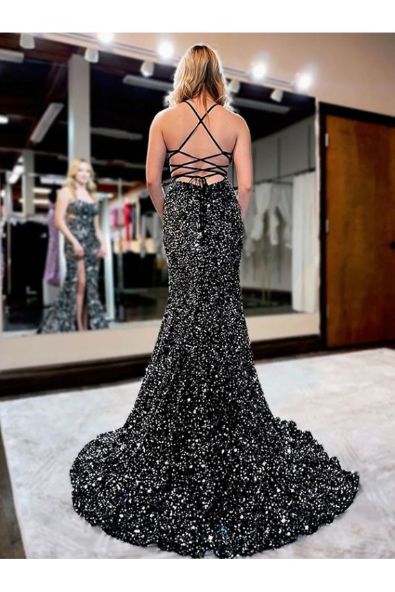 Spaghetti Straps Sleeveless Long Sweep Train Velvet Sequin Prom Dress Brisbane