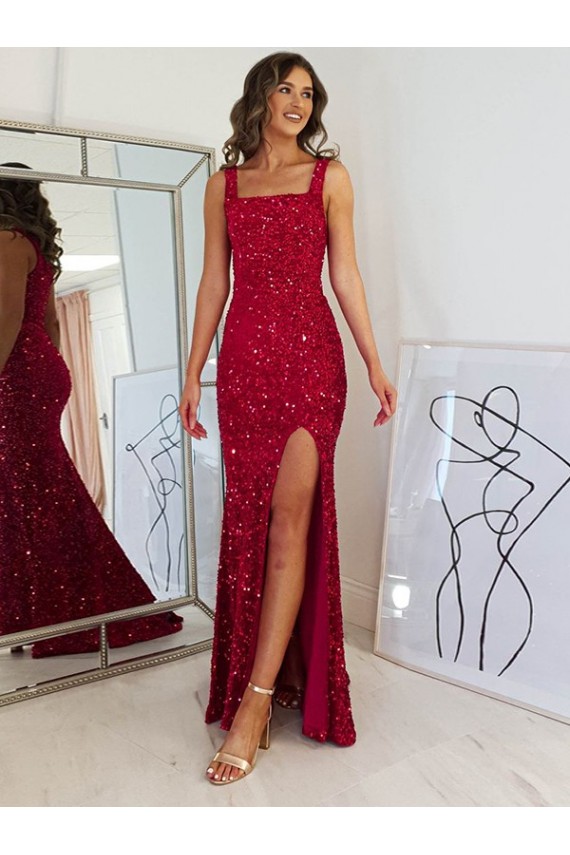 Square Neck Sleeveless Long Velvet Sequin Prom Dress with Slit Brisbane