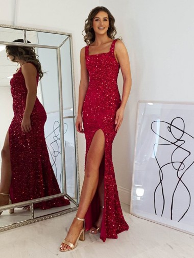 Square Neck Sleeveless Long Velvet Sequin Prom Dress with Slit Brisbane