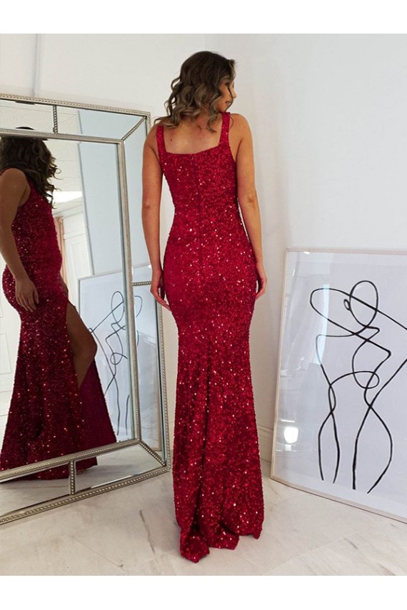 Square Neck Sleeveless Long Velvet Sequin Prom Dress with Slit Brisbane