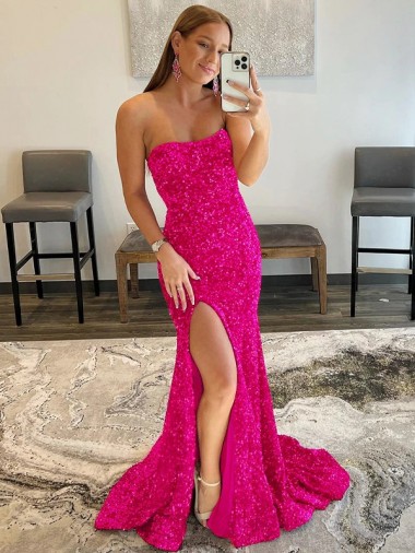 Strapless Sleeveless Long Sweep Train Velvet Sequin Prom Dress with Side Slit Brisbane