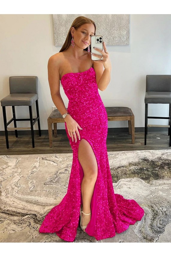 Strapless Sleeveless Long Sweep Train Velvet Sequin Prom Dress with Side Slit Brisbane