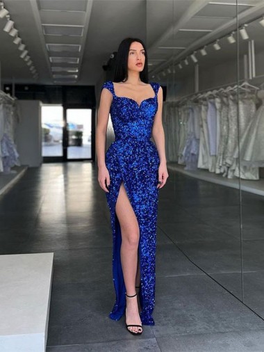 Sleeveless Long Sweep Train Velvet Sequin Prom Dress with High Slit and Straps Brisbane
