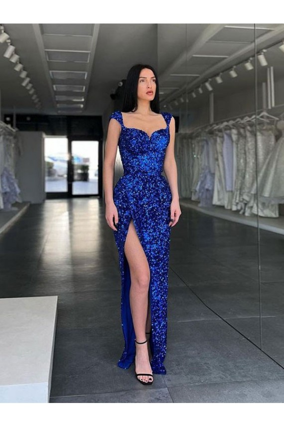Sleeveless Long Sweep Train Velvet Sequin Prom Dress with High Slit and Straps Brisbane
