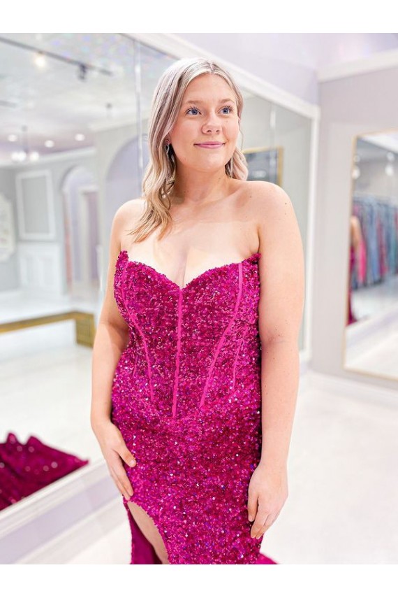 Long Sweetheart Sleeveless Sweep Train Velvet Sequin Prom Dress with Slit Brisbane