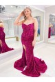 Long Sweetheart Sleeveless Sweep Train Velvet Sequin Prom Dress with Slit Brisbane