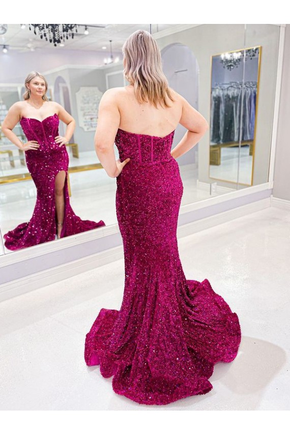 Long Sweetheart Sleeveless Sweep Train Velvet Sequin Prom Dress with Slit Brisbane