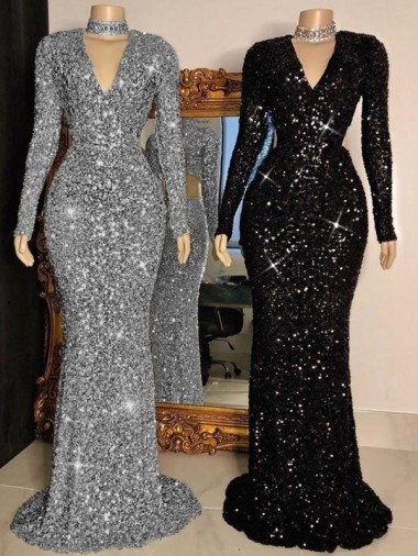 V-Neck Long Sleeves Long Sweep Train Velvet Sequin Prom Dress Brisbane