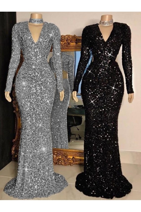 V-Neck Long Sleeves Long Sweep Train Velvet Sequin Prom Dress Brisbane