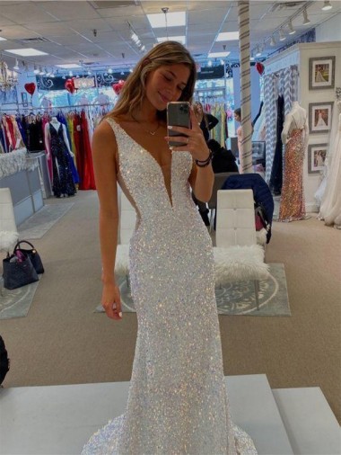 V-Neck Sleeveless Long Velvet Sequin Prom Dress with Sweep Train Brisbane