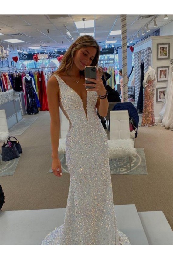 V-Neck Sleeveless Long Velvet Sequin Prom Dress with Sweep Train Brisbane