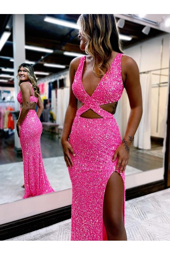 Long V-Neck Sleeveless Sweep Train Velvet Sequin Prom Dress with High Slit Brisbane