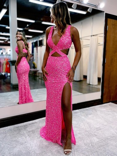 Long V-Neck Sleeveless Sweep Train Velvet Sequin Prom Dress with High Slit Brisbane