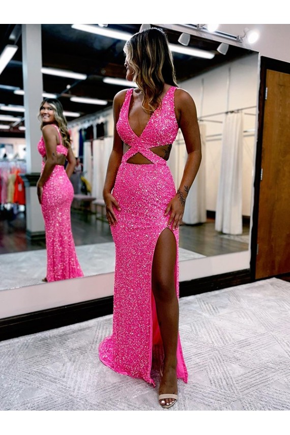 Long V-Neck Sleeveless Sweep Train Velvet Sequin Prom Dress with High Slit Brisbane