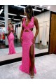 Long V-Neck Sleeveless Sweep Train Velvet Sequin Prom Dress with High Slit Brisbane