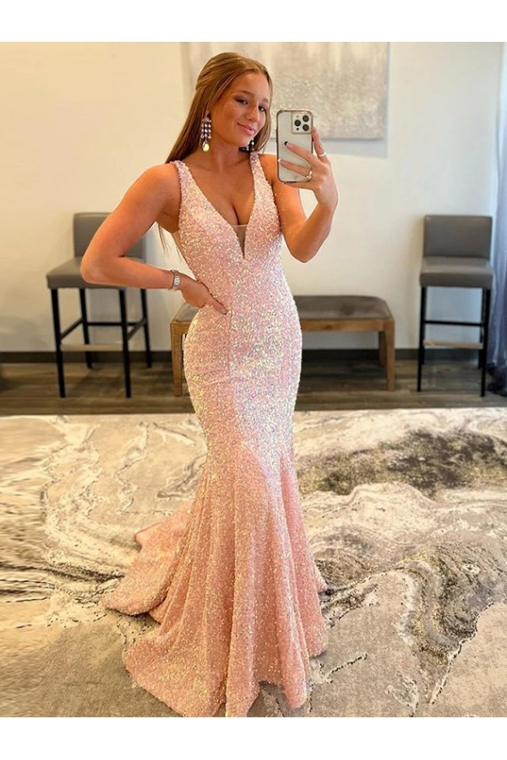 Deep V-Neck Sleeveless Long Low Back Velvet Sequin Prom Dress Brisbane