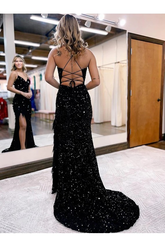 V-Neck Sleeveless Long Velvet Sequin Royal Blue Prom Dress with Side Slit Brisbane