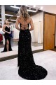 V-Neck Sleeveless Long Velvet Sequin Royal Blue Prom Dress with Side Slit Brisbane