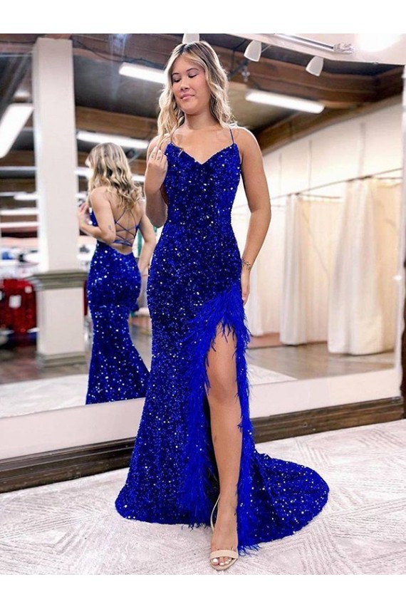 V-Neck Sleeveless Long Velvet Sequin Royal Blue Prom Dress with Side Slit Brisbane