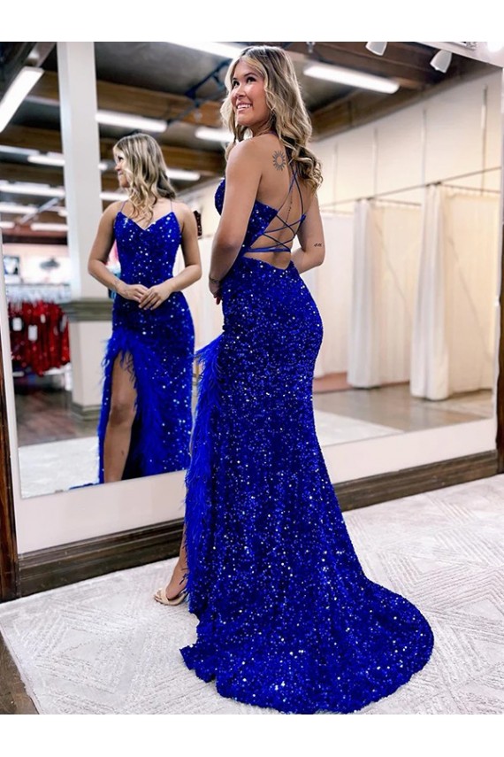 V-Neck Sleeveless Long Velvet Sequin Royal Blue Prom Dress with Side Slit Brisbane