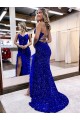 V-Neck Sleeveless Long Velvet Sequin Royal Blue Prom Dress with Side Slit Brisbane