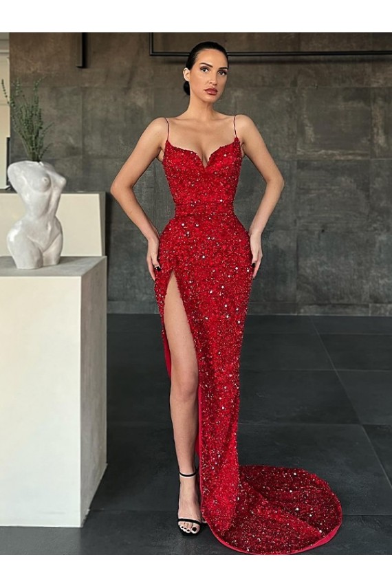 V-Neck Sleeveless Long Sweep Train Velvet Sequin Prom Dress with High Side Slit Brisbane