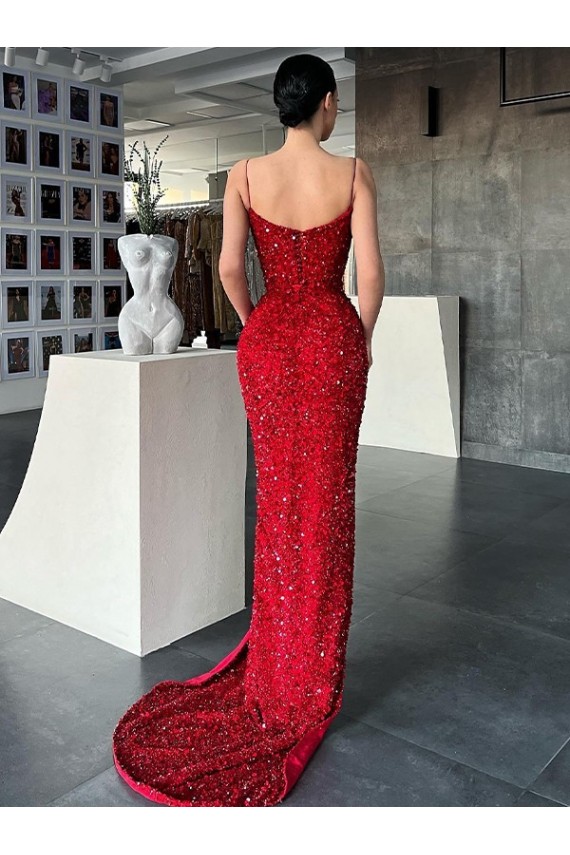 V-Neck Sleeveless Long Sweep Train Velvet Sequin Prom Dress with High Side Slit Brisbane