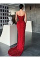 V-Neck Sleeveless Long Sweep Train Velvet Sequin Prom Dress with High Side Slit Brisbane