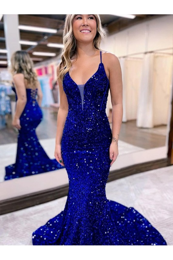 Mermaid V-Neck Sleeveless Long Court Train Velvet Sequin Prom Dress Brisbane