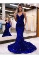 Mermaid V-Neck Sleeveless Long Court Train Velvet Sequin Prom Dress Brisbane