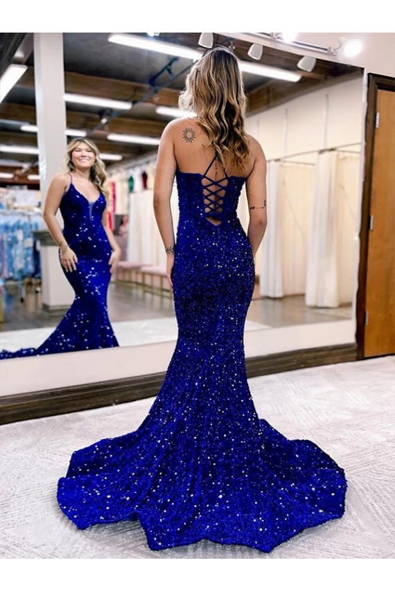 Mermaid V-Neck Sleeveless Long Court Train Velvet Sequin Prom Dress Brisbane