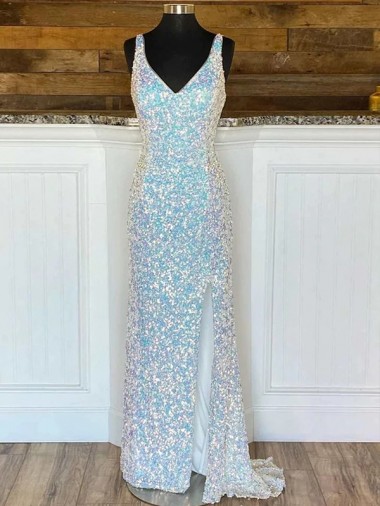 V-Neck Sleeveless Long Sweep Train Velvet Sequin Prom Dress Brisbane