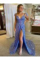 A-Line V-Neck Sleeveless Long Court Train Velvet Sequin Prom Dress with High Slit Brisbane