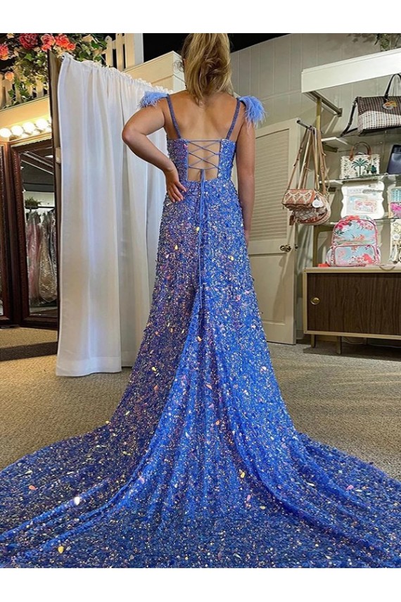 A-Line V-Neck Sleeveless Long Court Train Velvet Sequin Prom Dress with High Slit Brisbane